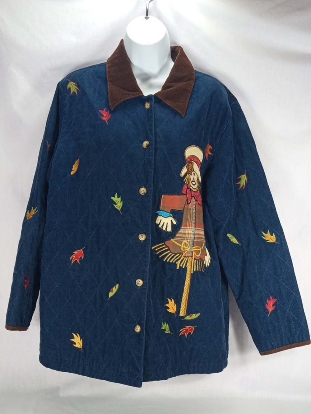 Quacker Factory Navy Quilted Jacket with Brown Corduroy Collar Size M